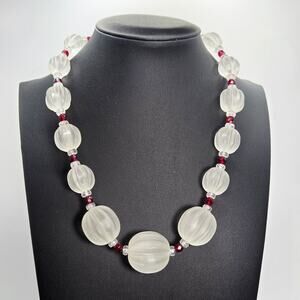 Frosted Fluted Vintage Lucite Graduated Beads Necklace Red & Clear Crystals 16"
